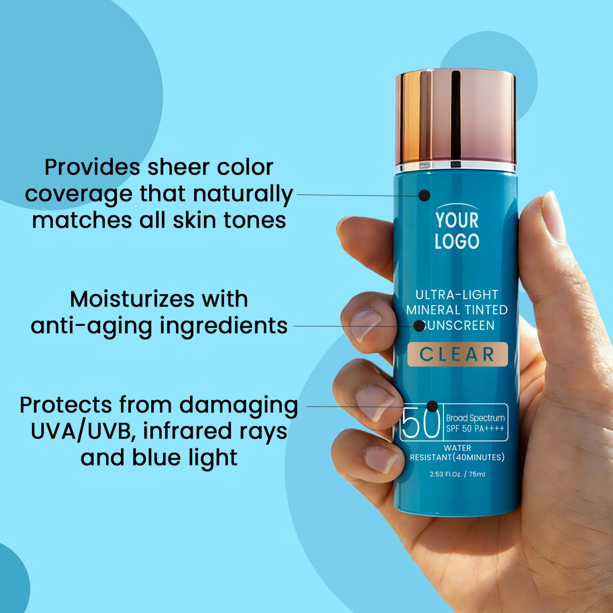 Private Label Mineral Tinted Sunscreen SPF 50 PA++++ Ultra Light Water Resistant