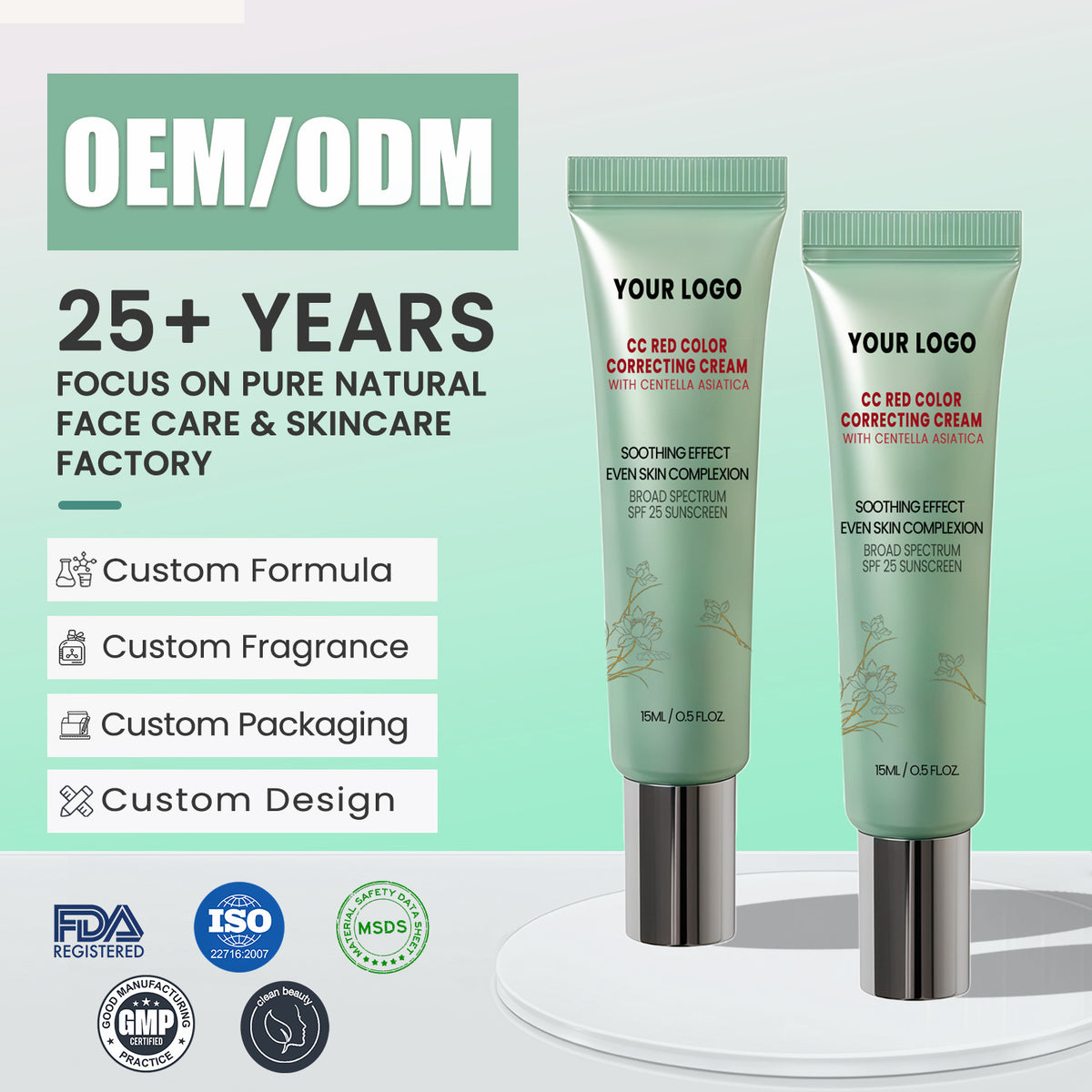 Private Label CC Red Color Correcting Cream Centella SPF 25 Soothing