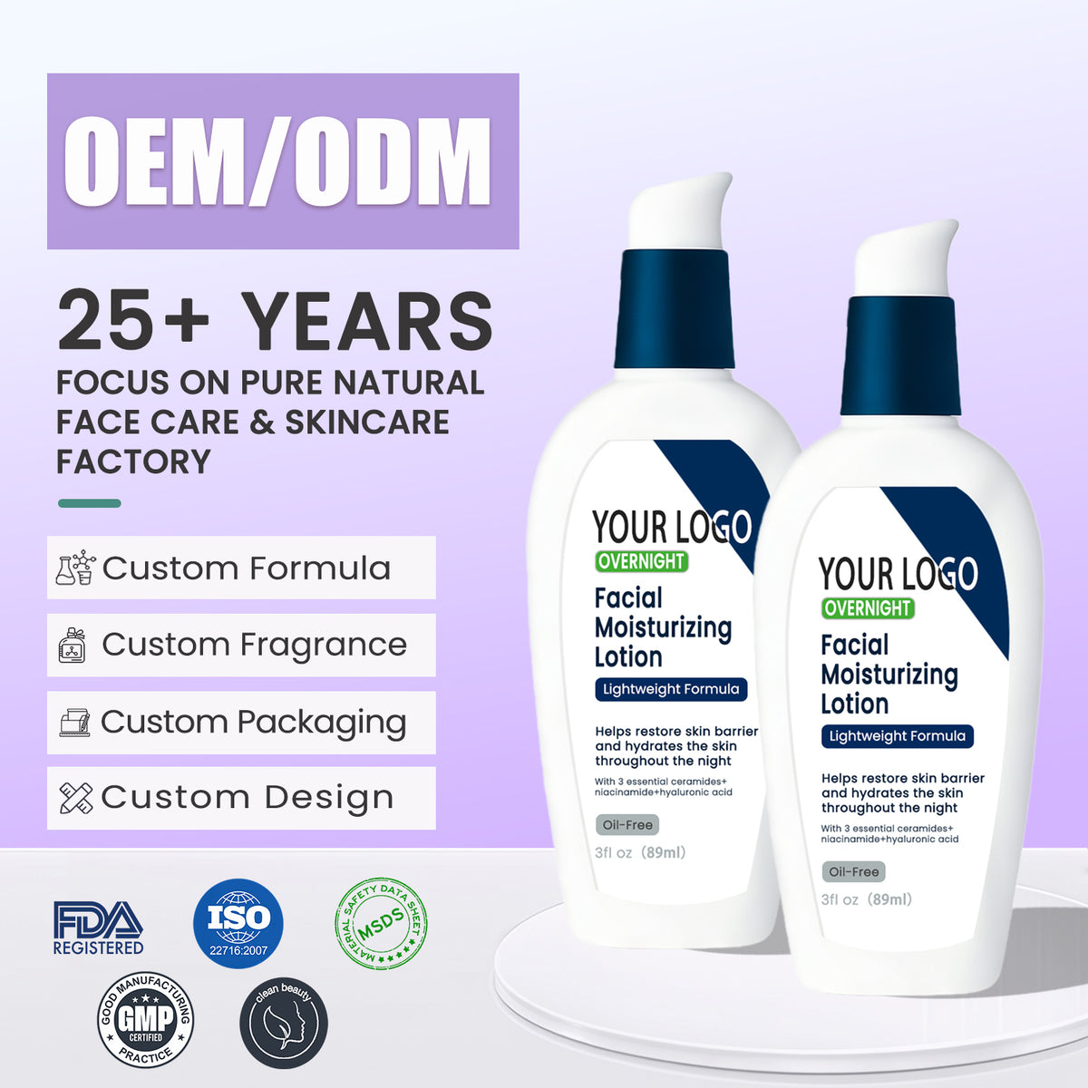 Private Label Overnight Facial Moisturizing Lotion Ceramide Niacinamide Oil Free