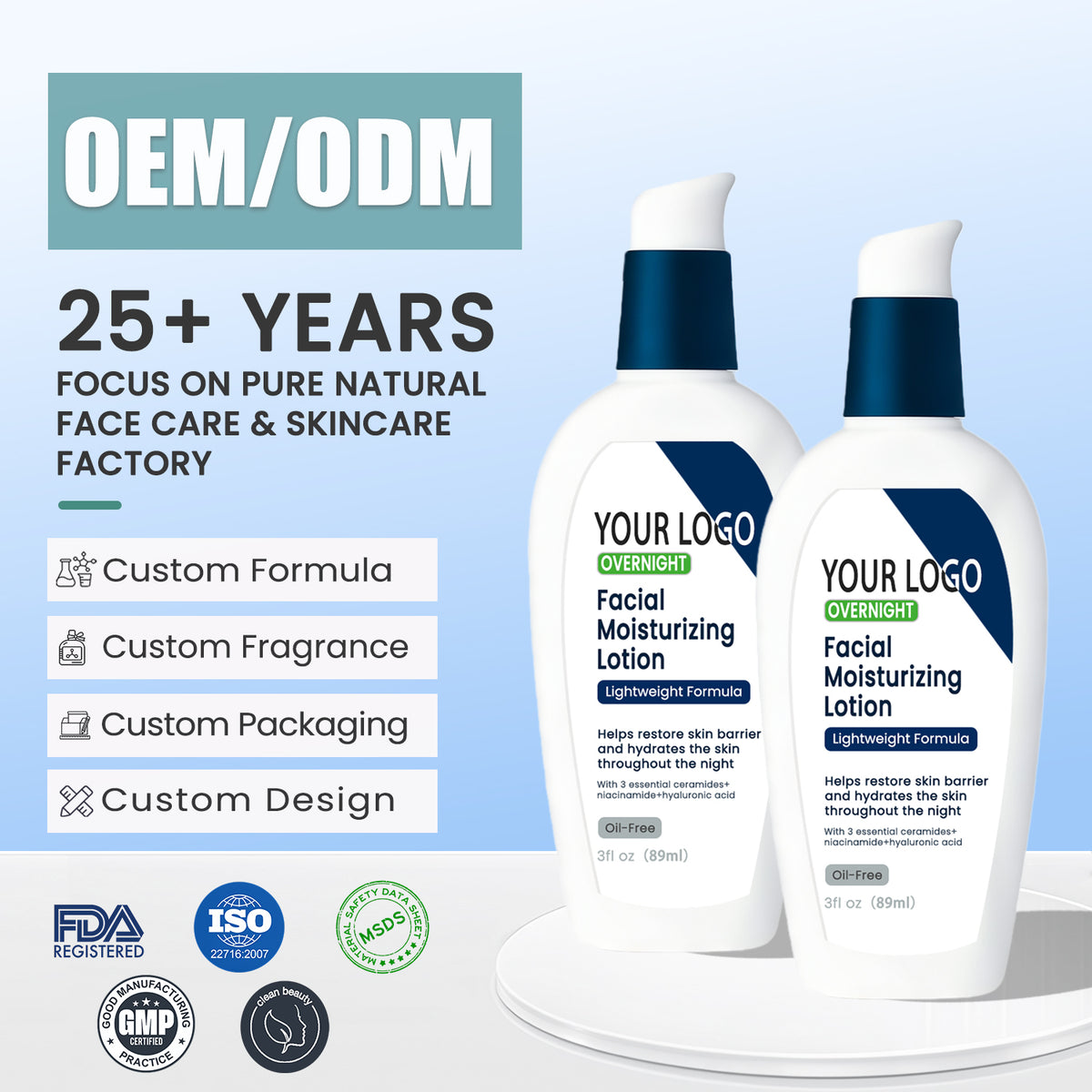 Private Label Overnight Facial Moisturizing Lotion Ceramide Niacinamide Oil Free