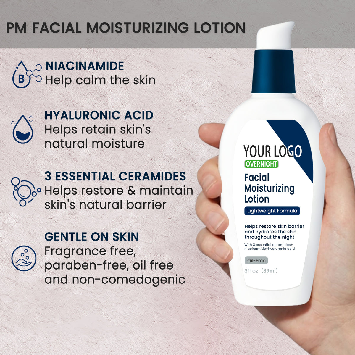 Private Label Overnight Facial Moisturizing Lotion Ceramide Niacinamide Oil Free