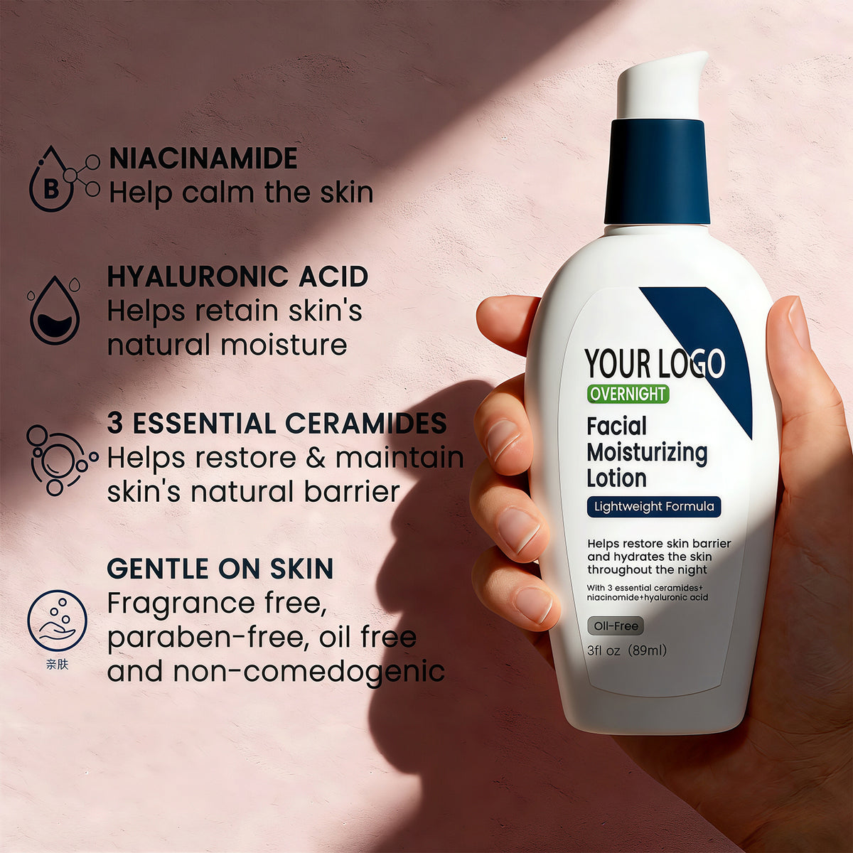Private Label Overnight Facial Moisturizing Lotion Ceramide Niacinamide Oil Free